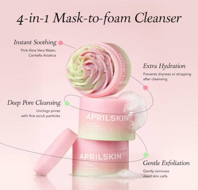 APRILSKIN Pink Aloe Pack Cleanser : 4-in-1 Mask to Foam Cleanser for Soothing, Hydration & Pore Care | SunSkincare
