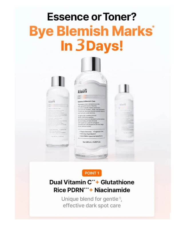 Dear, Klairs Freshly Juiced Vitamin Essence Toner – Fade Blemish, Key Ingredients | SunSkincare