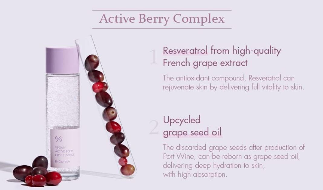 Dr. Ceuracle Vegan Active Berry First Essence - Resveratrol, Grape Seed Oil Essence | SunSkincare