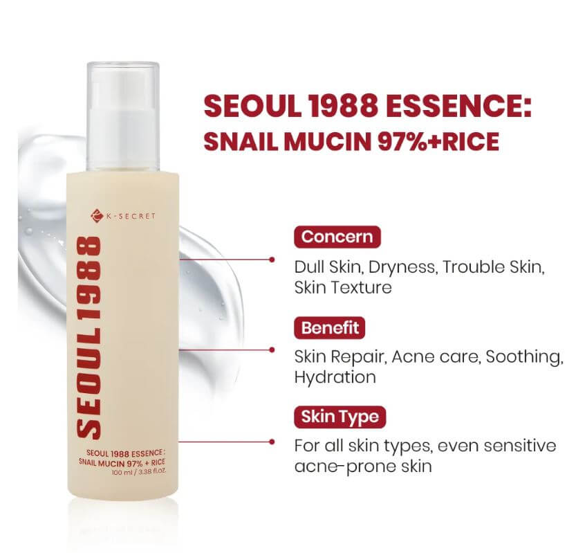 K-Secret SEOUL 1988 Snail Mucin Essence - Repairing Essence with Snail Mucin & Rice Extracts | SunSkincare