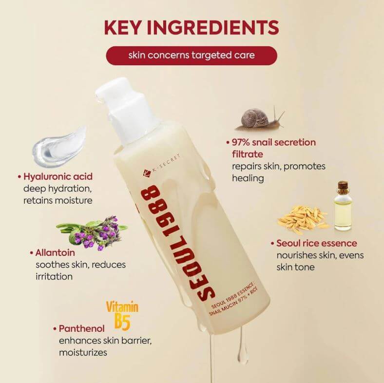 K-Secret SEOUL 1988 Essence : Snail Mucin 97% + Rice – Key Ingredients | SunSkincare