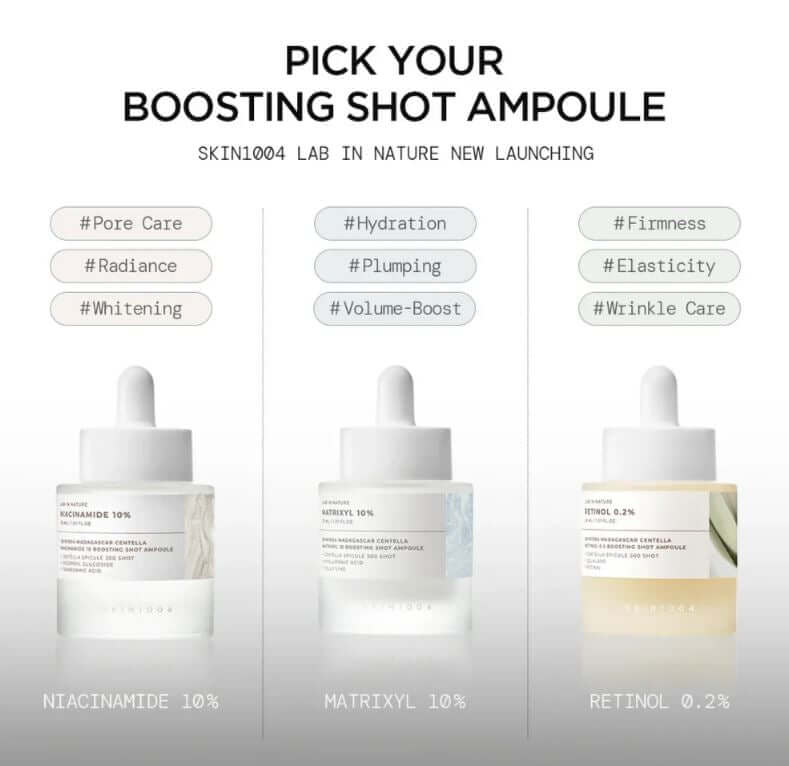 SKIN1004 Boosting Shot Ampoule Comparisons – Matrixyl 10, Retinol 0.2, Niacinamide 10 | SunSkincare