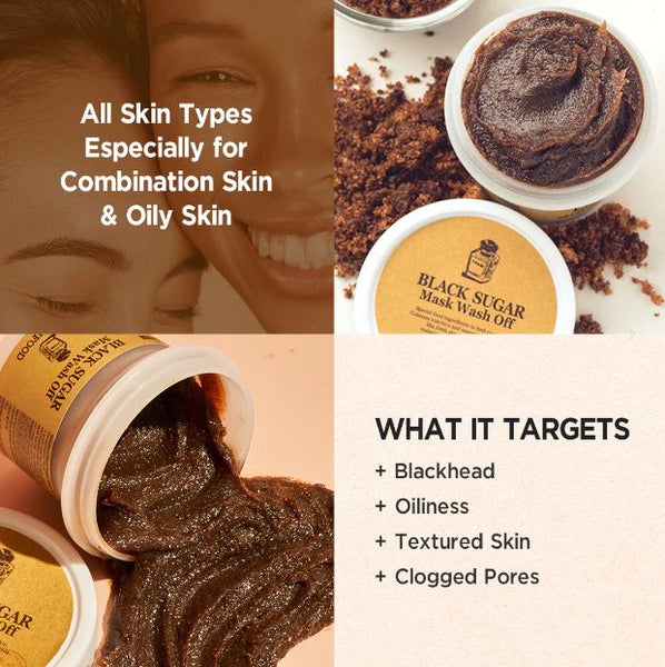 SKINFOOD Black Sugar Mask Wash Off - Targets blackheads, oiliness, textured skin, and clogged pores | SunSkincare